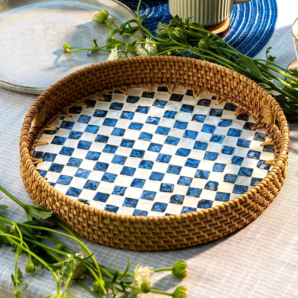 JUNGLE CULTURE Round Rattan Tray with Mother of Pearl Inlay • Drift 14"