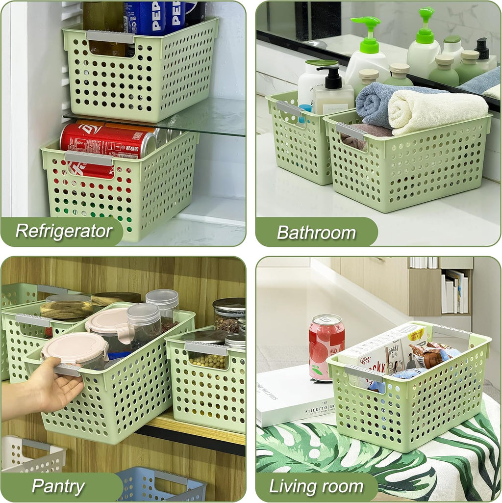 Soddeph 4 Pack Plastic Storage Basket with Handles, Small Deep Organizer Bin with Hollow Design for Under Counter, Shelf, Closet, Kitchen or Bathroom (Green, Small)