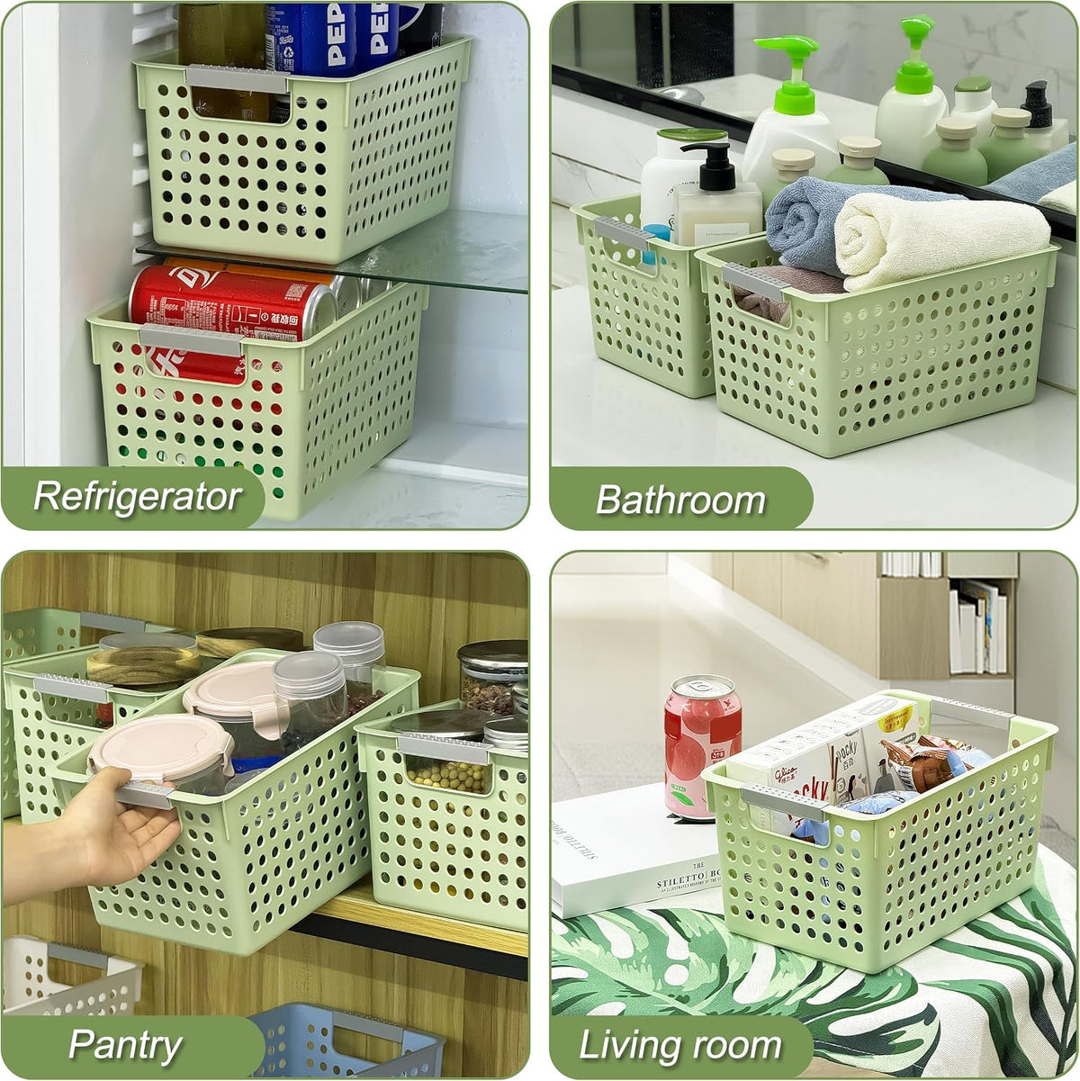 Soddeph 4 Pack Plastic Storage Basket with Handles, Small Deep Organizer Bin with Hollow Design for Under Counter, Shelf, Closet, Kitchen or Bathroom (Green, Small)