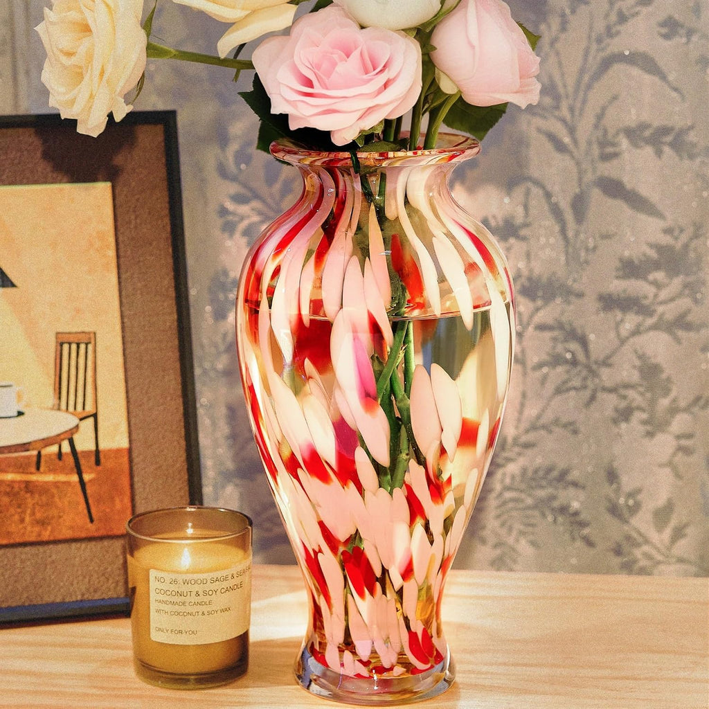 QFkris Hand Blown Glass Vase for Flowers, 12 Inch Tall Crystal Flower Vases