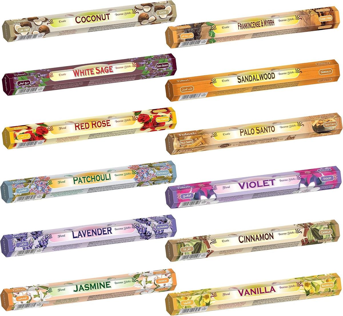 Tulasi Incense Sticks Pack of 12 Natural Scent (240 Sticks) Variety Fragrance of Coconut, White Sage, Red Rose, Palo Santo Lavender & Cinnamon etc, Ideal for Meditation & Positive Vibes