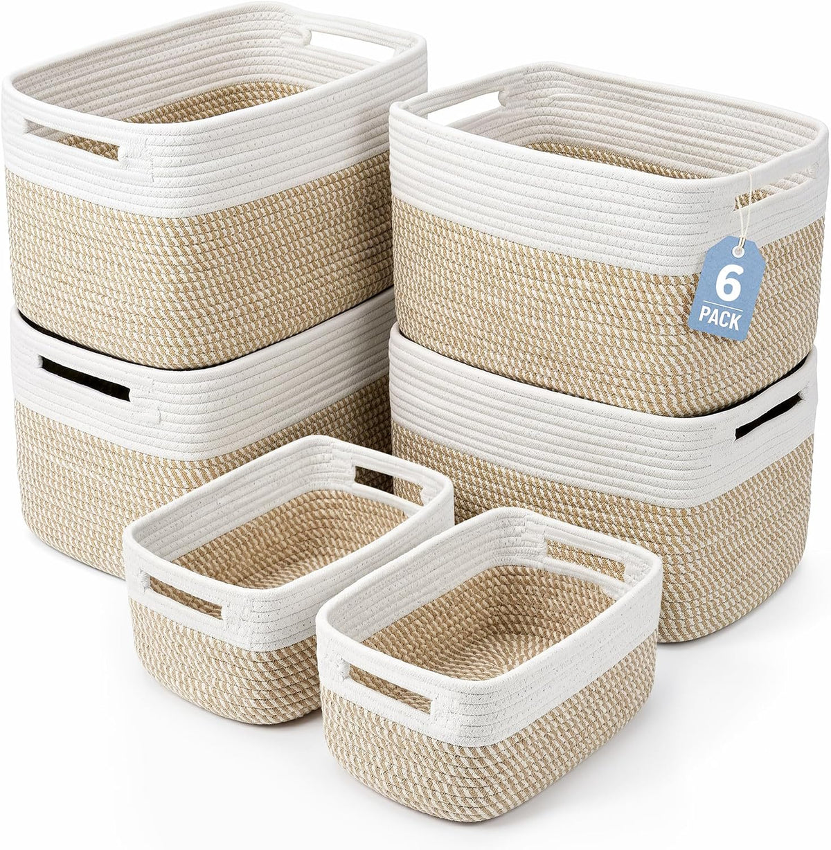 4 Large & 2 Small Woven Storage Basket for Organizing with Handles