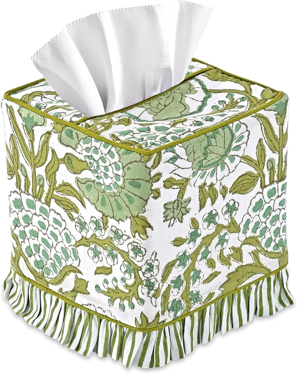 CPC 100% Cotton Ruffle Block Print Tissue Box Cover, Agate Green