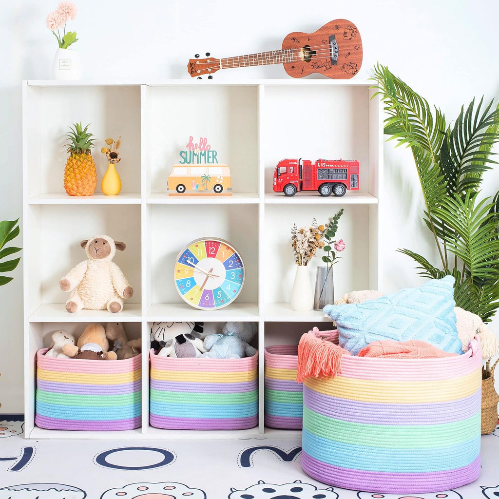 MINTWOOD Design XXXXLarge 22 x 16in Decorative Woven Cotton Rope Blanket Storage Basket Bin Living Room with Handles and Laundry Hamper for Pillows, Pool Towels, Dog Toys, Shoes, Pastel Rainbow