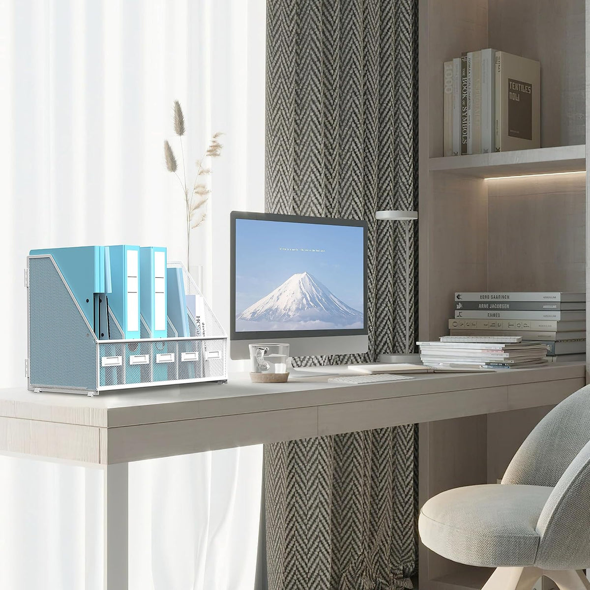 SUPEASY Desk Organizers Metal Desk Magazine File Holder with 5 Vertical Compartments Rack File Organizer for Office Desktop, Classroom, Home Workspace, White Plus