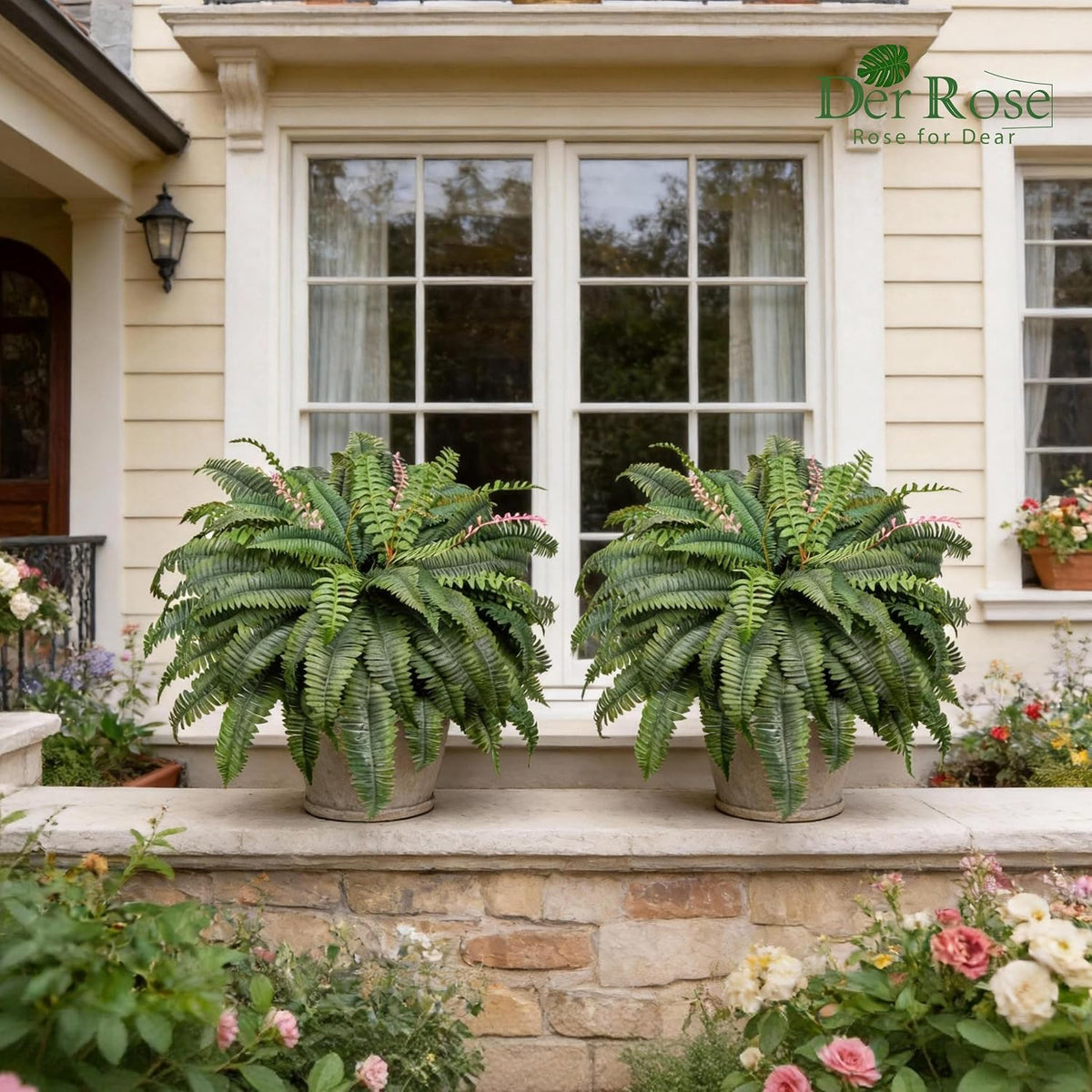 Der Rose 49 inch 96 Leaves Fake Ferns Large, UV Resistant Artificial Plants Outdoors Faux Boston Fern Plants for Porch Home Patio Hanging Decor