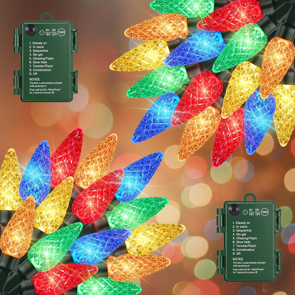 2 Pack C6 Battery-Operated-Christmas-Lights 100LED Multicolor String Lights