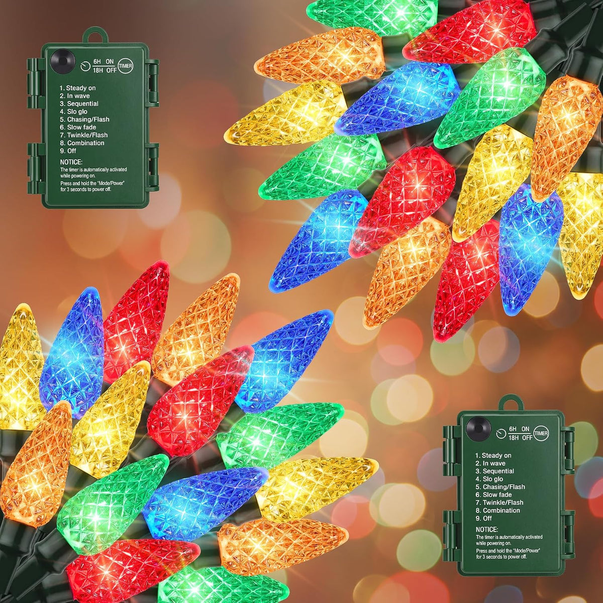 2 Pack C6 Battery-Operated-Christmas-Lights 100LED Multicolor String Lights