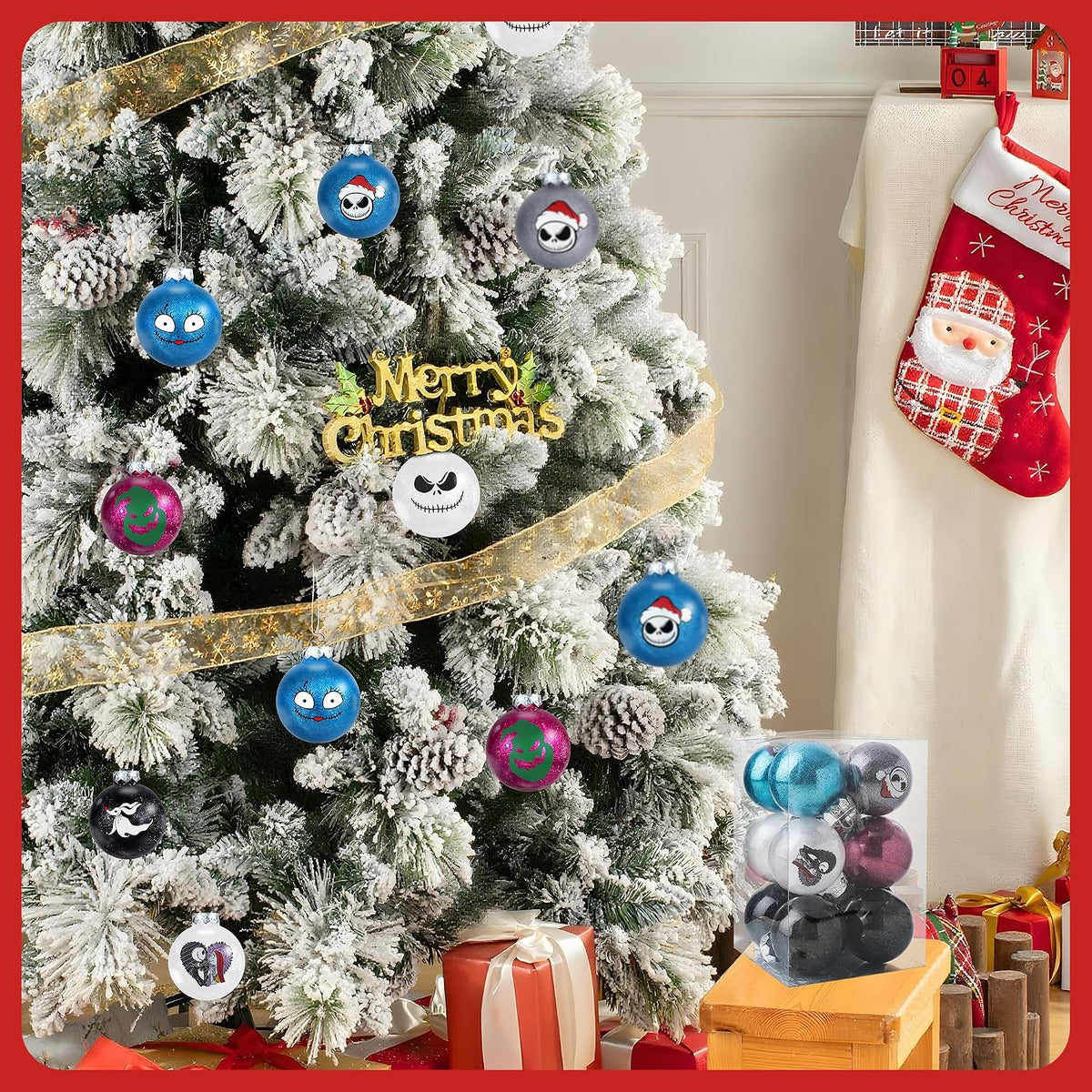 Nightmare Christmas Ball Ornaments Set, Skull Pattern Jack White and Black Xmas Tree Decorations, Plastic Shatterproof Hanging Balls Halloween Decor, 2.36”/60mm (24, Colorful)