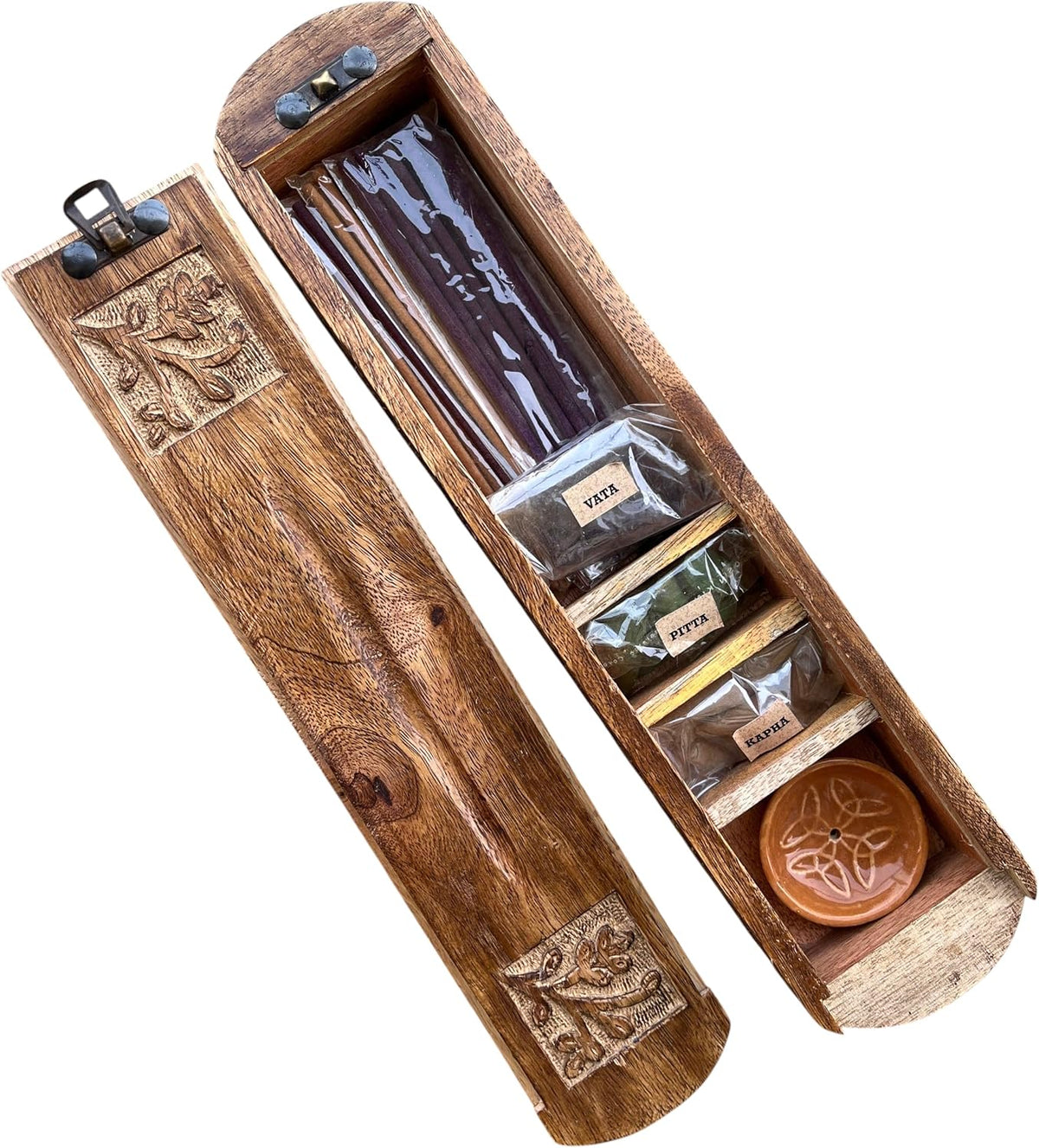 Handmade Wooden Incense Burner & Storage Box Set with 45 Incense Sticks & 21 Cones – Ayurveda Vata Pitta Kapha Aromatherapy Holder with Ceramic & Wooden Stand, Meditation Gift Set