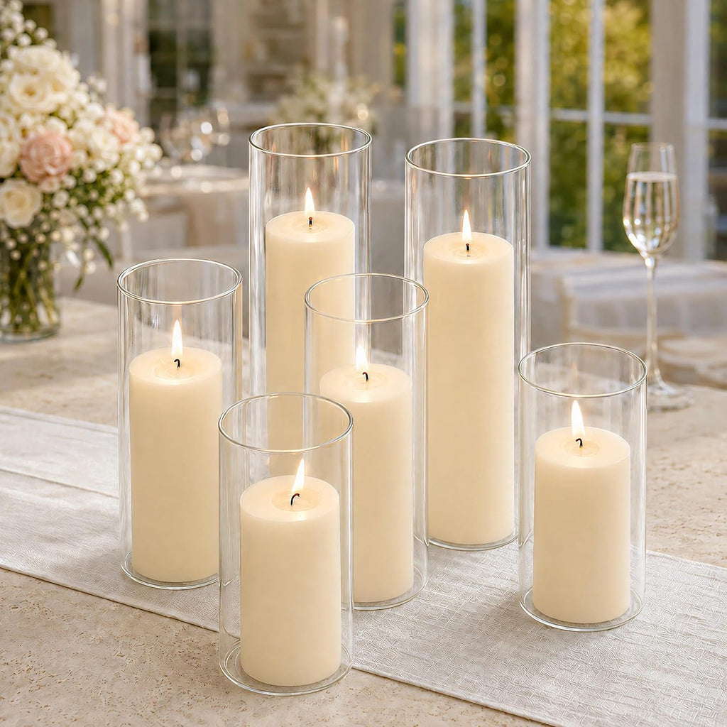 Set of 6 Pillar Candles with Clear Glass Hurricane Holders- Elegant Cylinder Candle Vases for Weddings, Parties, Centerpieces, Home & Office Decor (Lvory White, 6 Set)