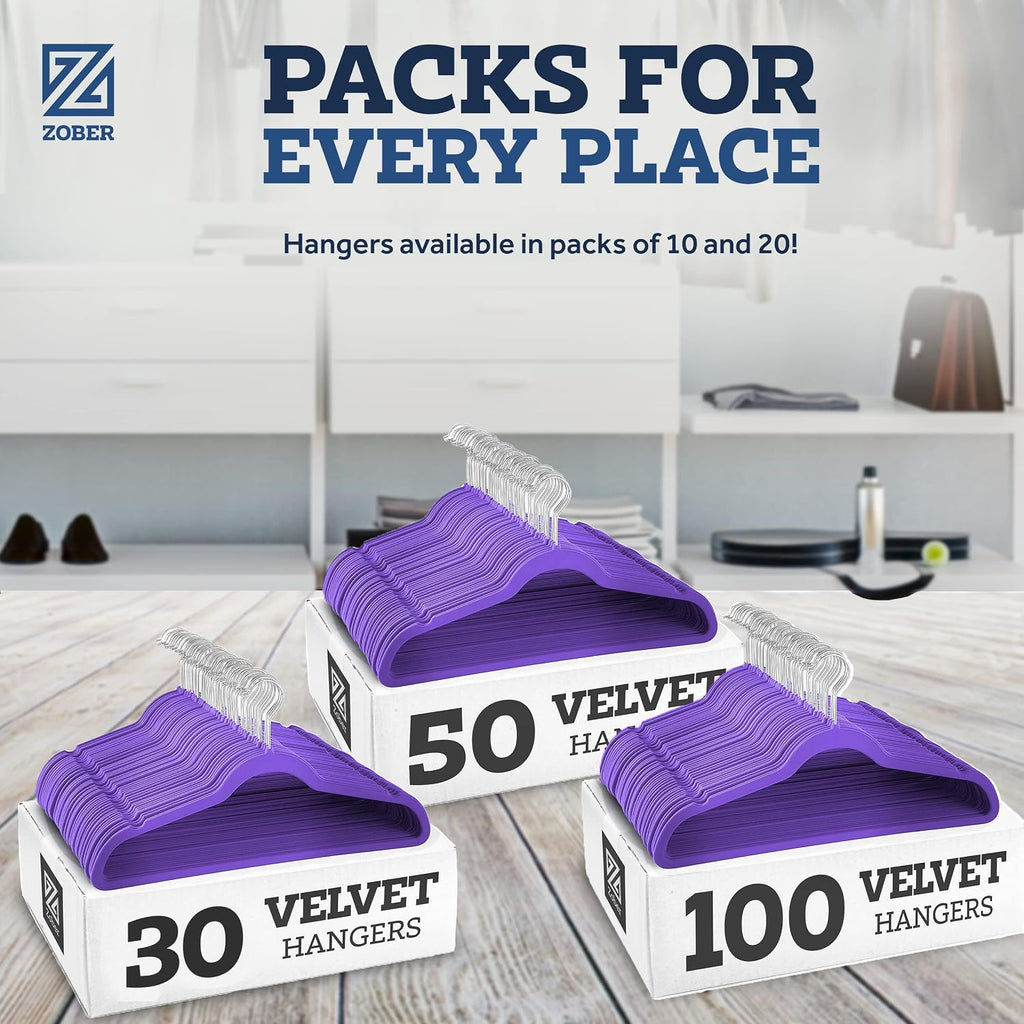 Zober Purple Velvet Hangers 50 Pack, Slim Non Slip Clothes Hangers