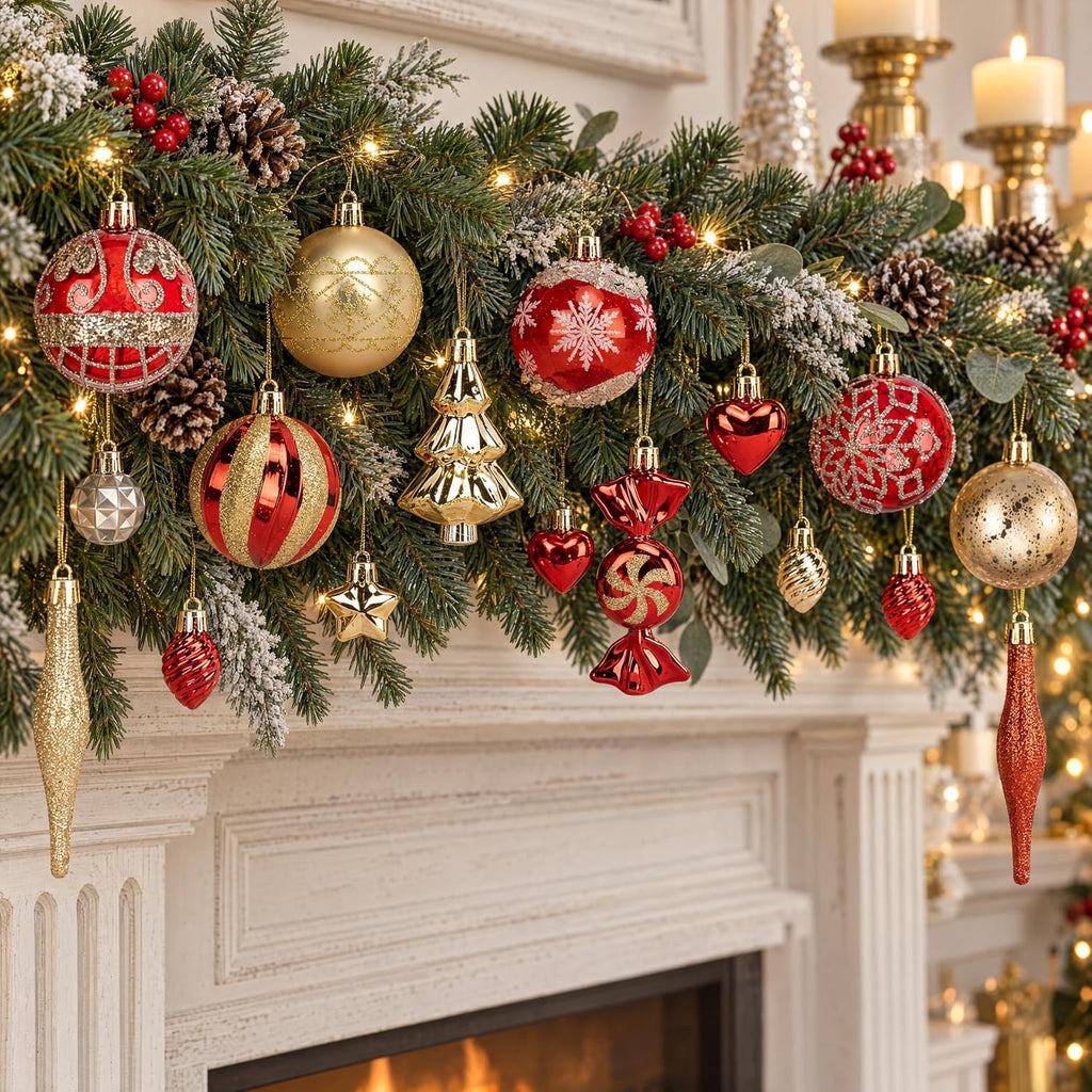 46PCS Christmas Ornament Set, Red and Gold Christmas Tree Decor