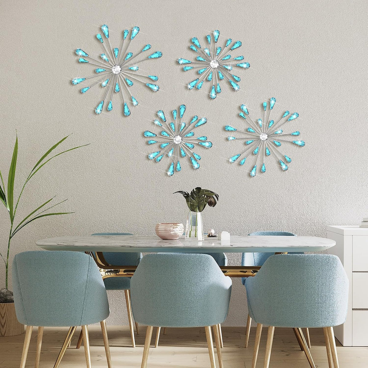 Hicarer 4 Pcs Starburst Wall Decor, Bling Metal Wall Art, Blue