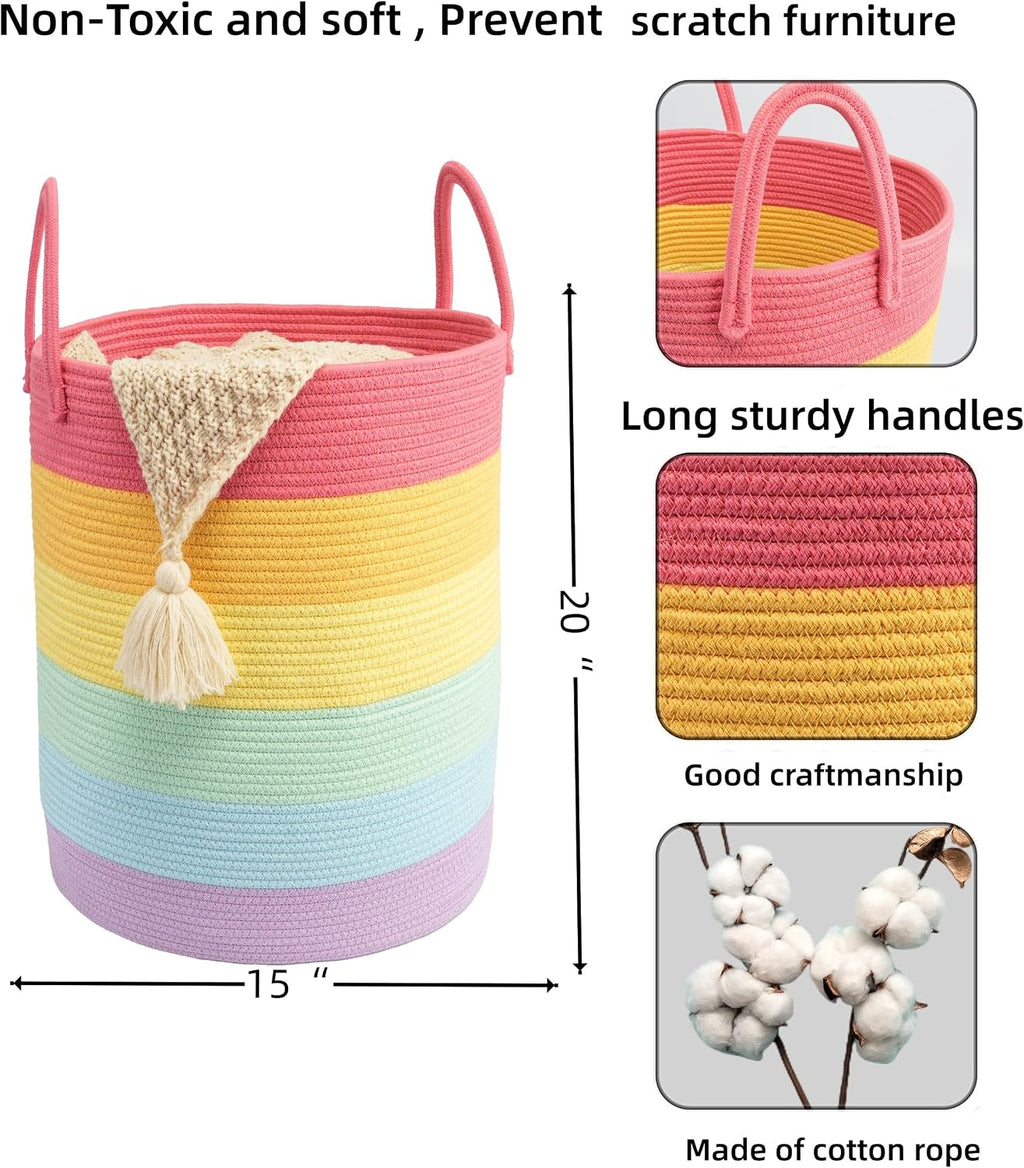 Woven Cotton Rope Laundry Basket, 15" x 20" Laundry Hamper, Rainbow