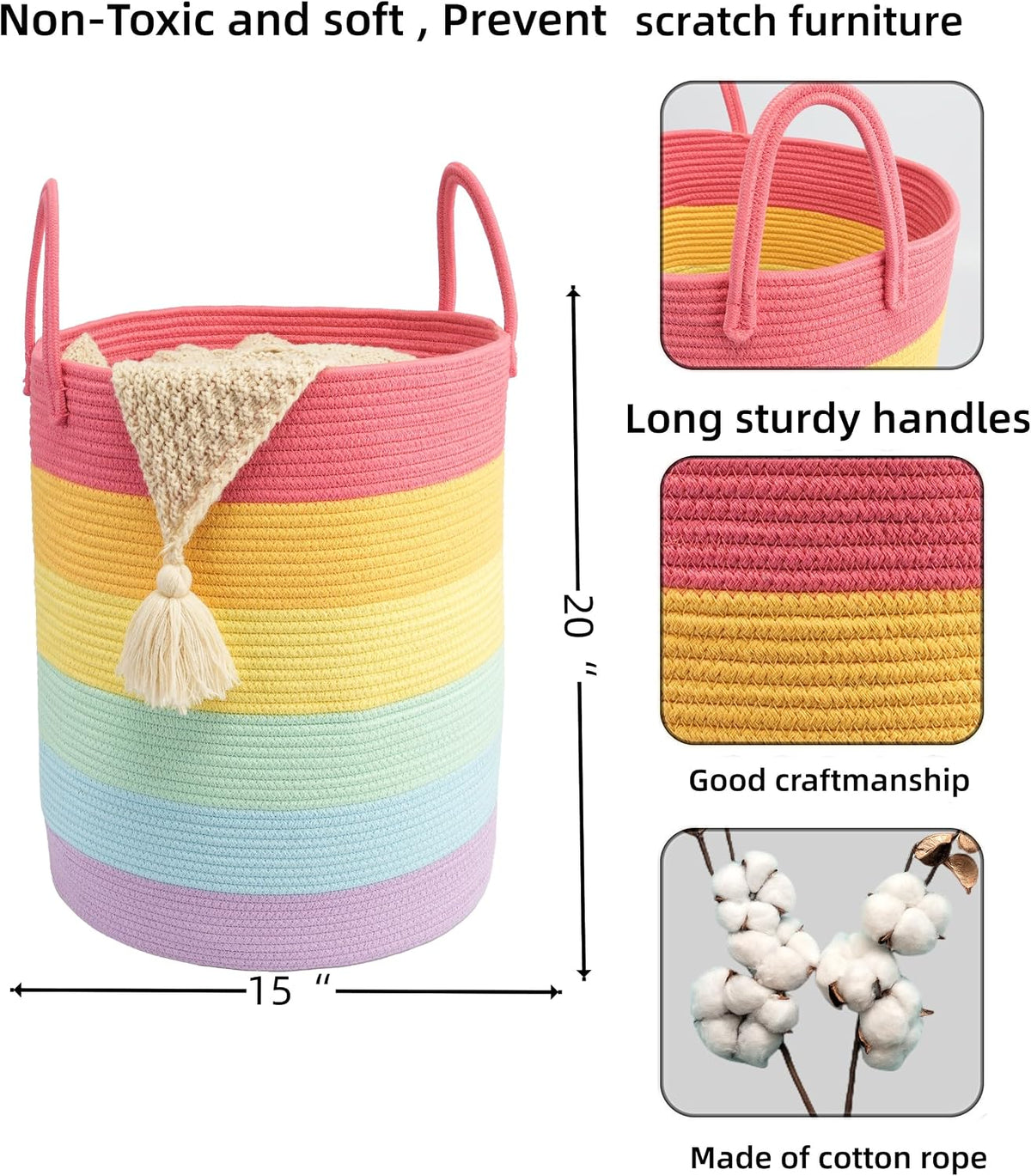Woven Cotton Rope Laundry Basket, 15" x 20" Laundry Hamper, Rainbow