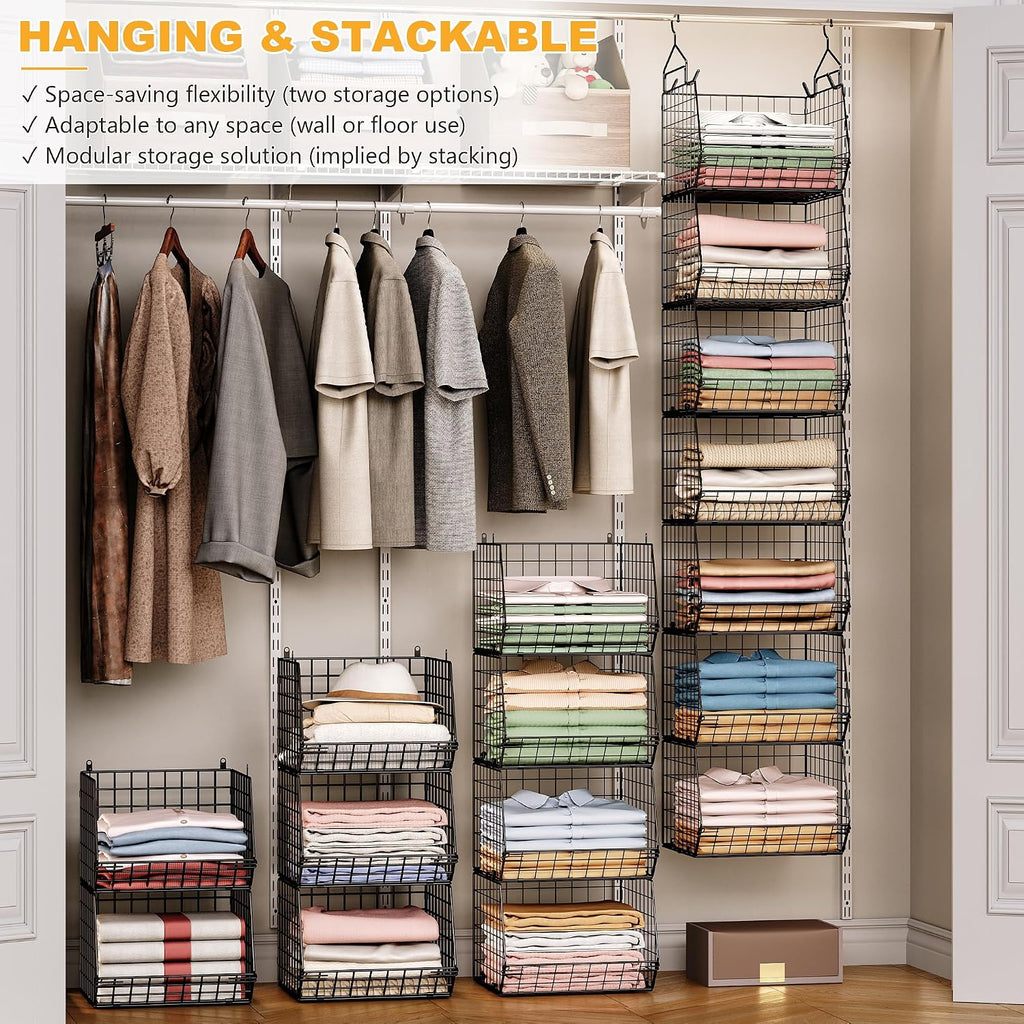 X-cosrack 7 Tier Foldable Hanging Closet Organizer and Storage,Wire Closet Shelving with 4 Large Hooks+ 5 S Hooks,Hanging Basket for Clothes Sweaters Shoes Handbags,Small Closet Organizers