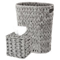 BSSN Wicker Trash Can and Square Tissue Box Cover, 4 Gallon Water Hyacinth Bathroom Trash Can, Handwoven Napkin Holder, Narrow Small Waste Basket, Rustic Decorative Home Set for Bedroom,Office (Grey)