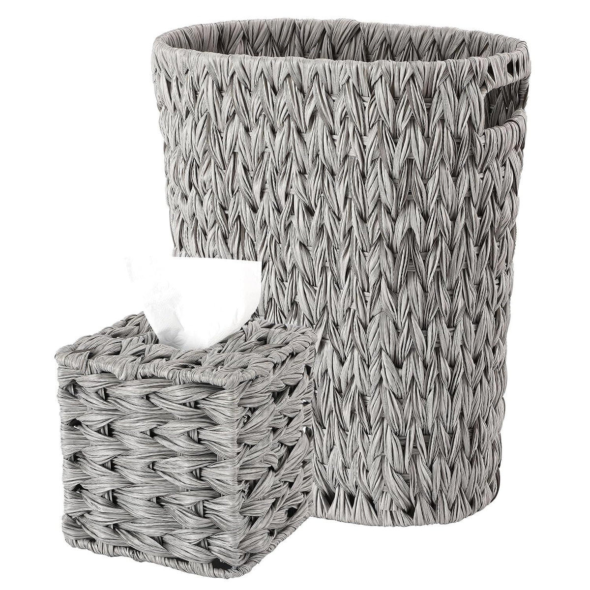 BSSN Wicker Trash Can and Square Tissue Box Cover, 4 Gallon Water Hyacinth Bathroom Trash Can, Handwoven Napkin Holder, Narrow Small Waste Basket, Rustic Decorative Home Set for Bedroom,Office (Grey)