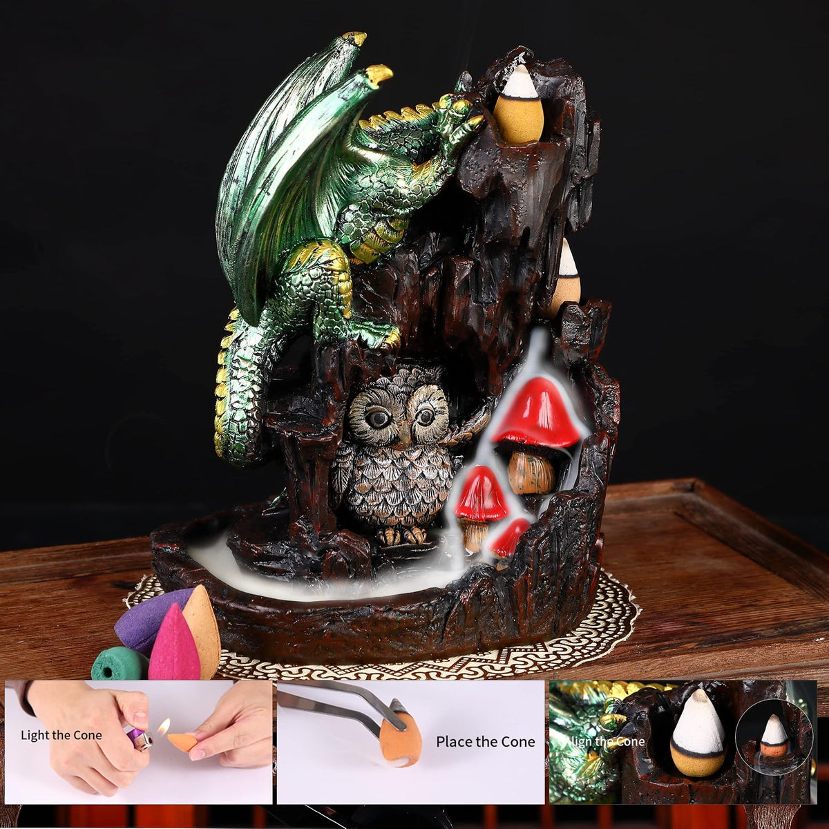 Dragon Backflow 2 Sided Mountain Waterfall Incense Burner,Fountain Smoke Incense Holder with Backflow Incense Cones, Tweezers, Mat，Resin Aromatherapy Meditation (Green)