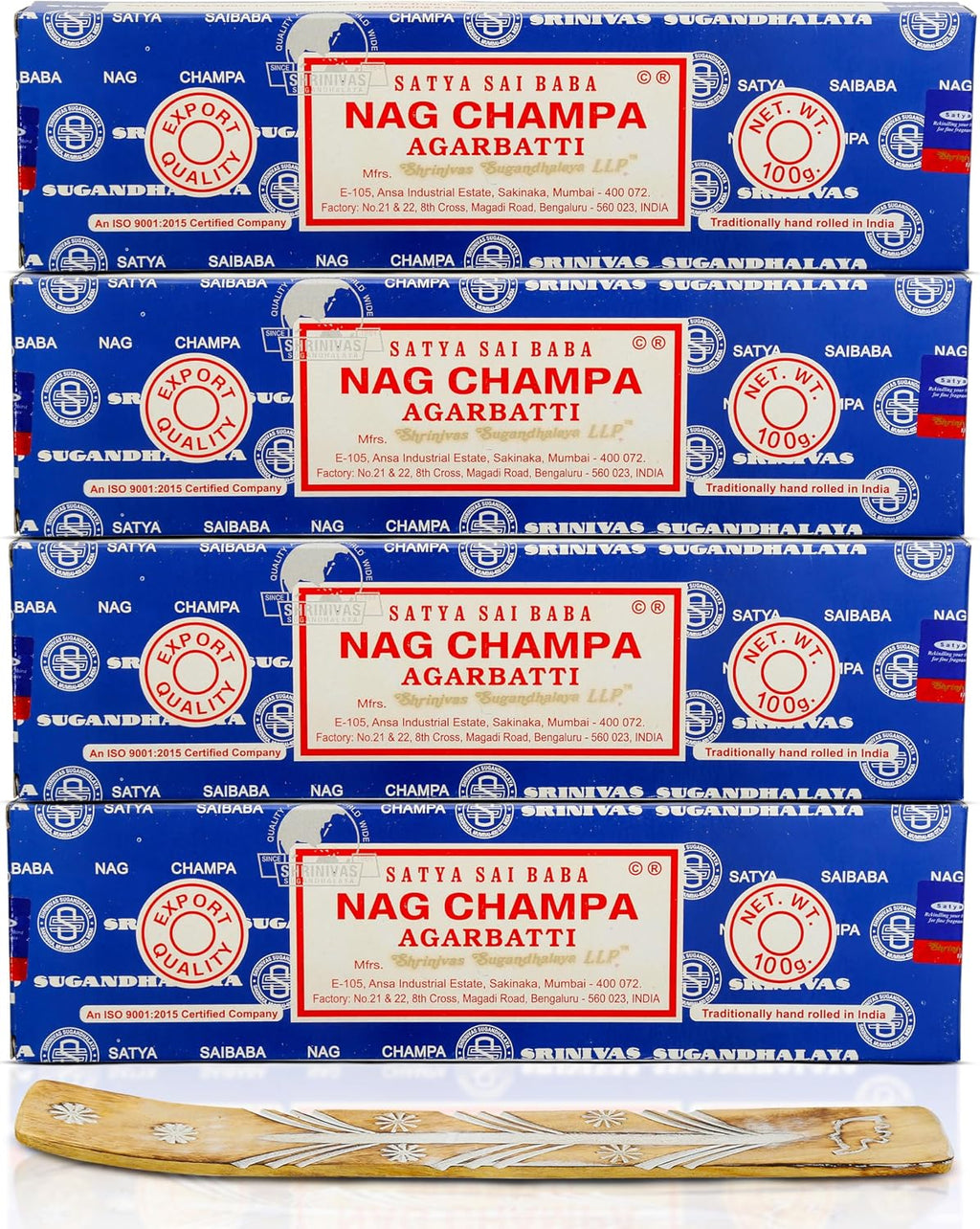 Satya Nag Champa Incense Sticks 100 gmx 4 Pack (400 GMS), Satya Insenses with Raajsee insence Holder Bundle, Nag Champa Natural Incence