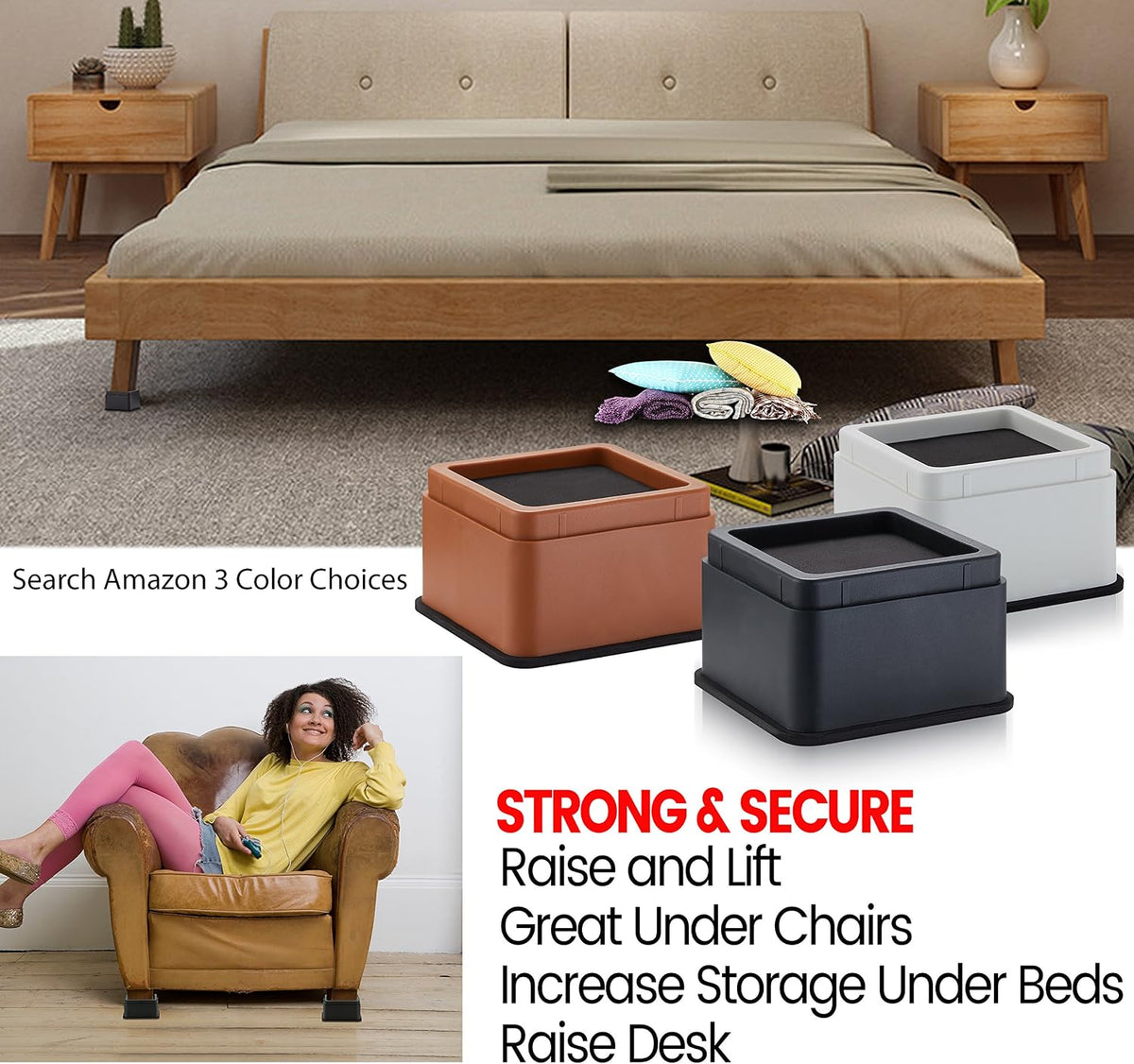 iPrimio Bed Risers 2" Lift, Heavy Duty for Dorm, Square, Brown, 8 Pack