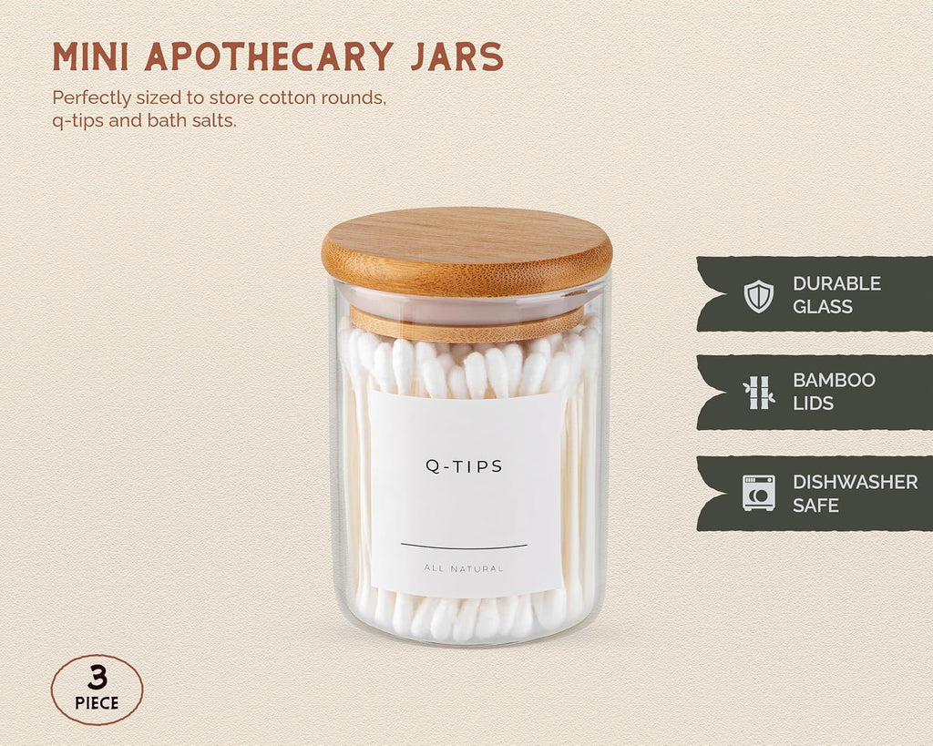 Vase and Vessel Mini Glass Apothecary Jars with Bamboo Lids, Small Bathroom and Kitchen Storage Containers, For Cotton Balls, Pads and Swabs, 10 oz, Set of 3 (Clear)