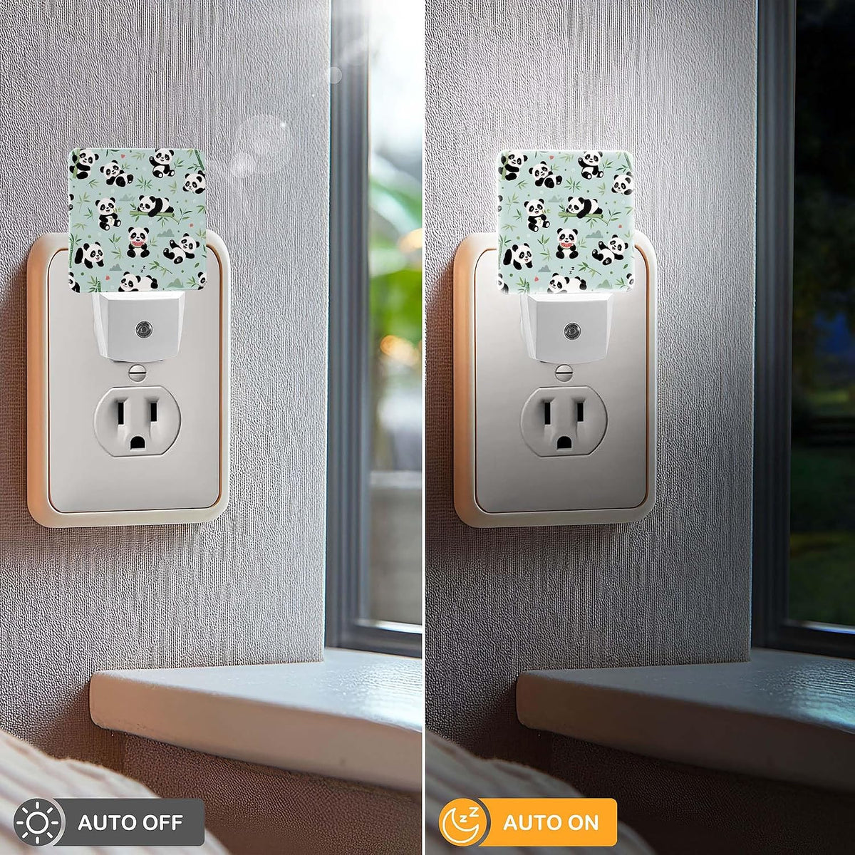 LED Night Light Lamp with Smart Sensor Dusk to Dawn Sensor,Texture with Funny Little Pandas Have Fun Night Light Daylight White,0.5W Plug-into Wall for Adults,Bedroom,Bathroom,Hallway,Kitchen