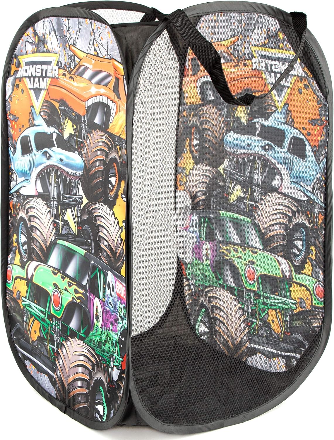Jay Franco Monster Jam Break Out Pop Up Hamper - Mesh Laundry Basket/Bag with Durable Handles - Features Grave Digger & Megalodon