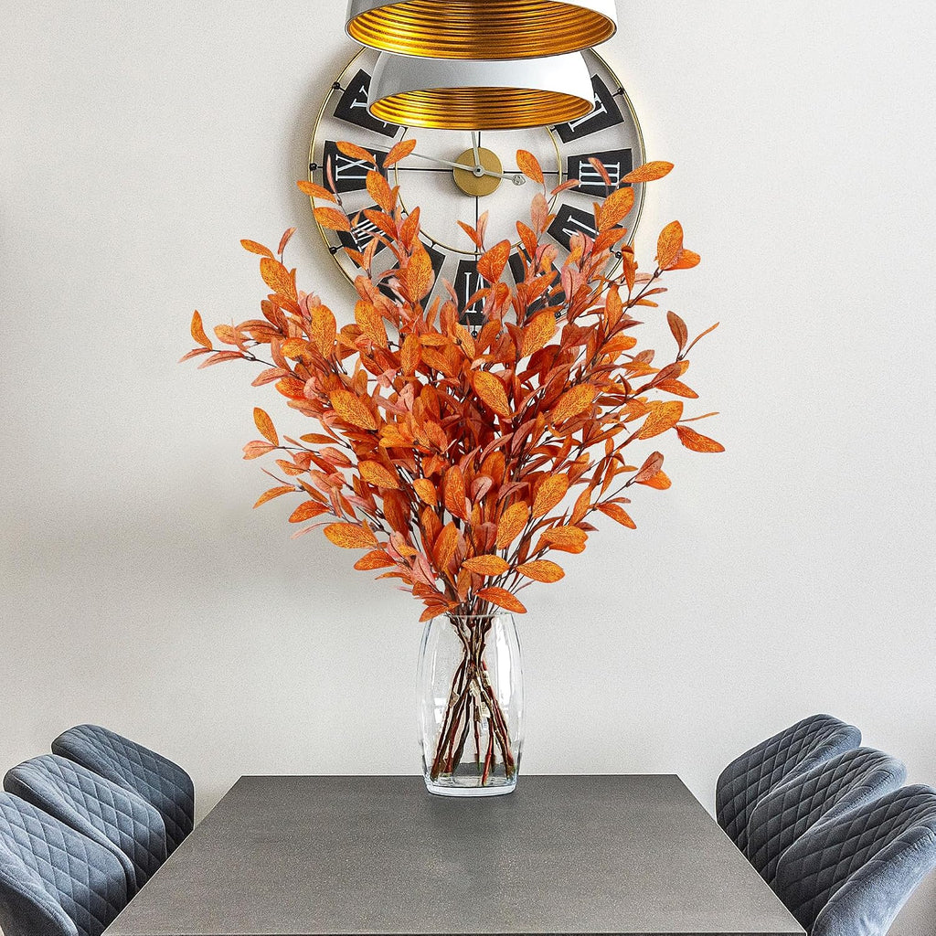 Sggvecsy 6 Pcs Artificial Fall Eucalyptus Stems Fall Eucalyptus Leaves Silk Autumn Leaf Branches Fall Decorations for Home Vase Thanksgiving Table Centerpieces Harvest Festival Decor (Orange)