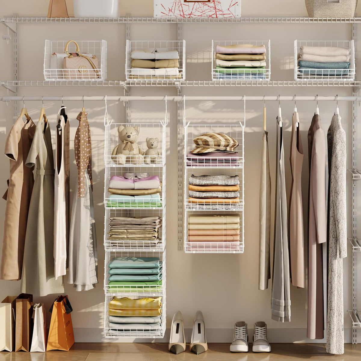 5 Tier Closet Hanging Organizer, Clothes Hanging Shelves with 4 Hanging Hooks 5 S Hooks, Wire Storage Basket Bins, for Clothing Sweaters Shoes Handbags Clutches Accessories Patent Design-White