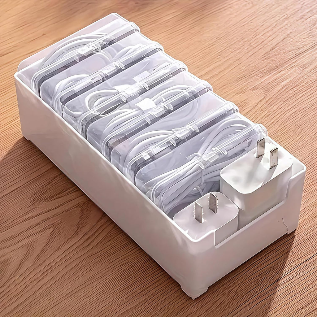 7 Grid Clear Cable Organizer Box with Switch for Desktop Cord Storage