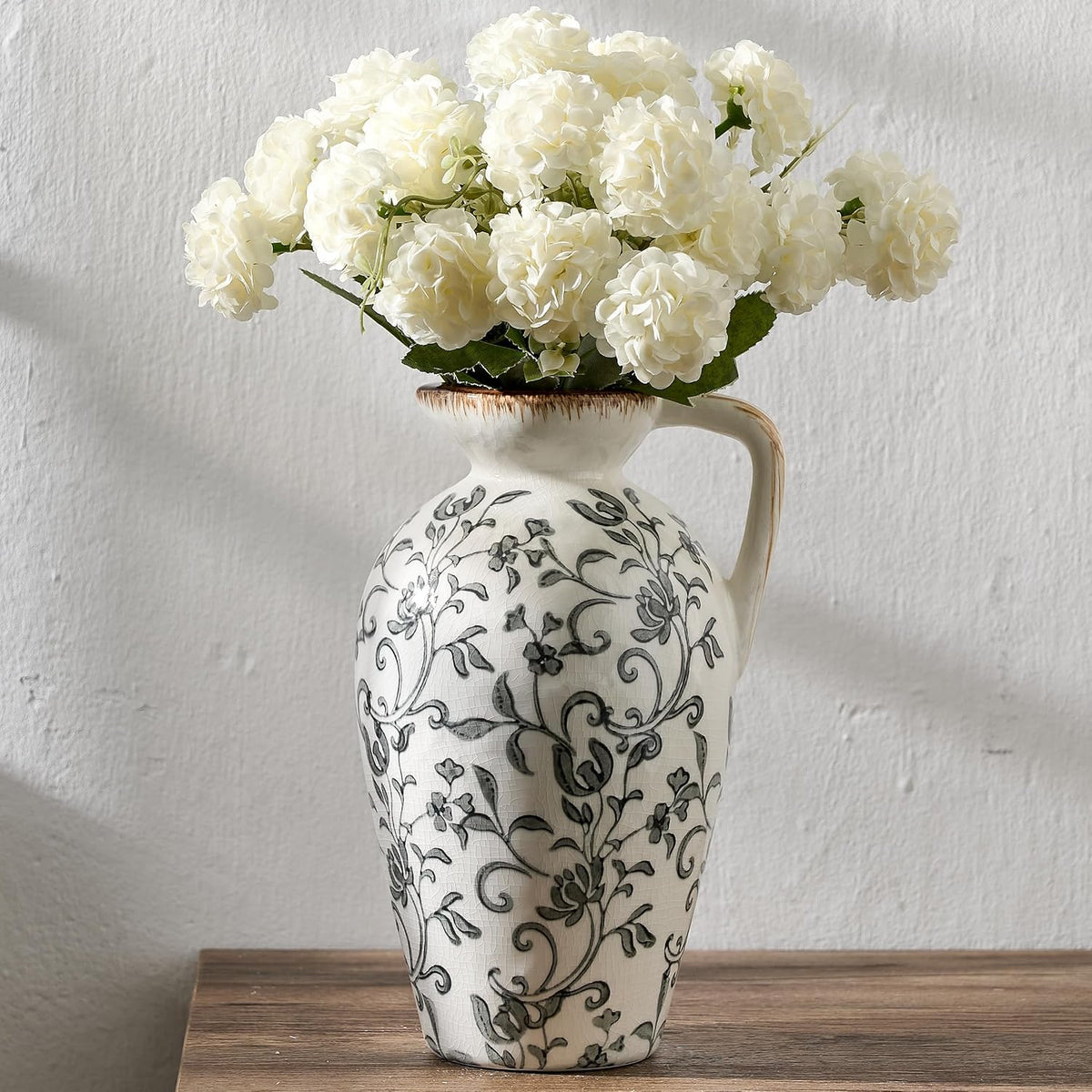 8.9 Inch Vintage Gray Chinoiserie Floral Vase, Antique Rustic Ceramic Vase for Home Decor, Living Room, Bookshelf, Office, Entryway, Garden, Chinoiserie Decor, Tuscan Decor