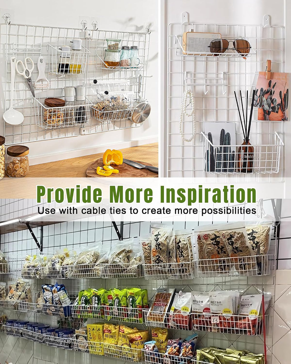 White Wall Grid Panel Hanging Wire Basket, 6 Pack