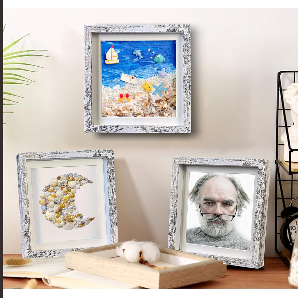 Rustic 8x8 Shadow Box Frame White Shadow Box Display Case Made of Solid Wood and Real Glass Internal Depth 0.6 inches for Wall Or Tabletop（3 Pack）