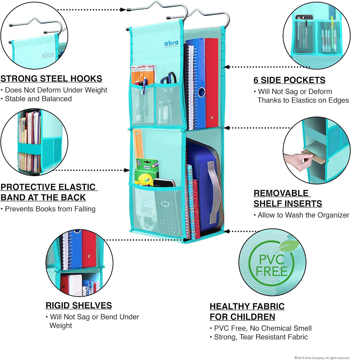 ABRA® 2 Shelf Hanging Locker Organizer for School, Work, Gym, Storage | Deep Shelves 6.5”x 9”| Eco-Friendly Fabric Healthy for Children (Ocean Turquoise)