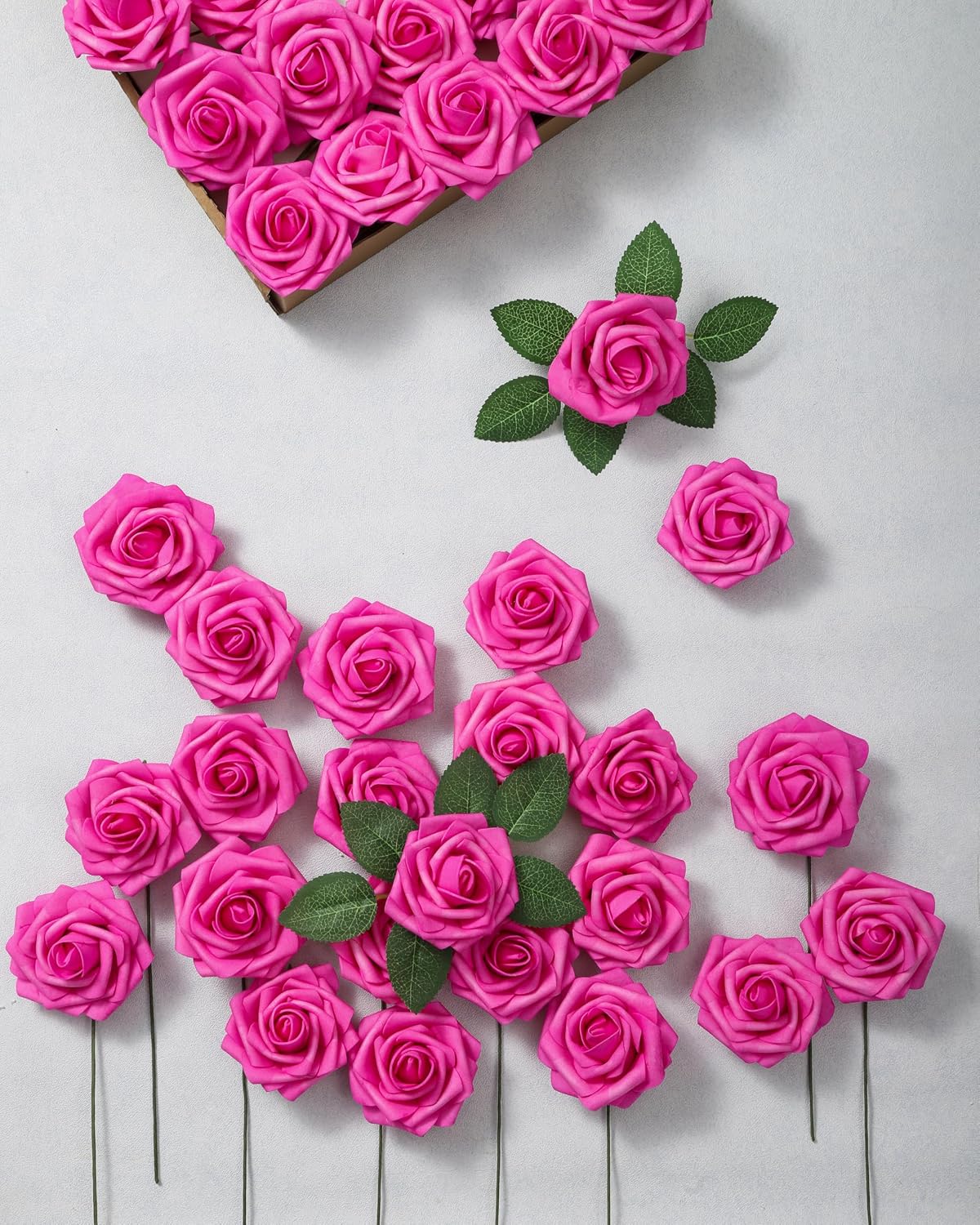 DuHouse 25Pcs Artificial Flowers Foam Roses Real Touch with Stems(Hot Pink)