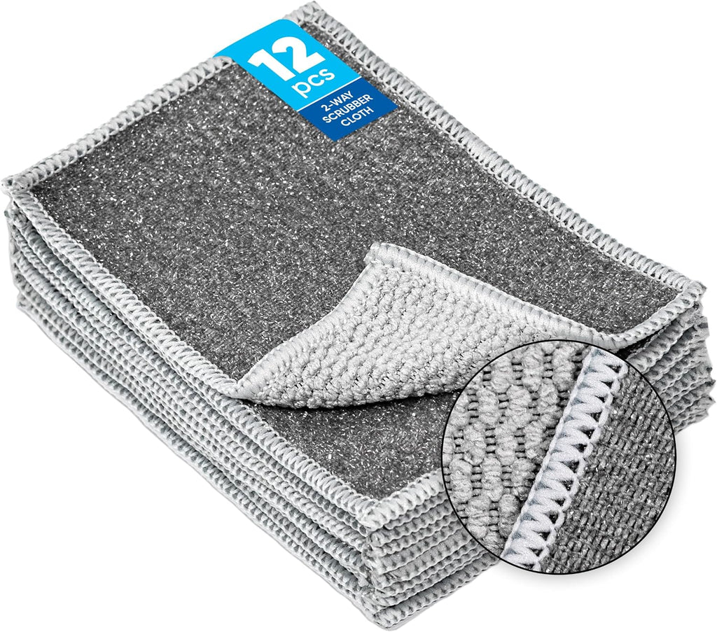 Microfiber Wholesale Scrubber Cloths (12 Pack, Grey) – Scrub Without Scratching, Safe for Non-Stick, Stainless & Glass – Two-Sided 4"x6" Dish Scrubbing Cloths, Bulk Value, No Sponge Smell
