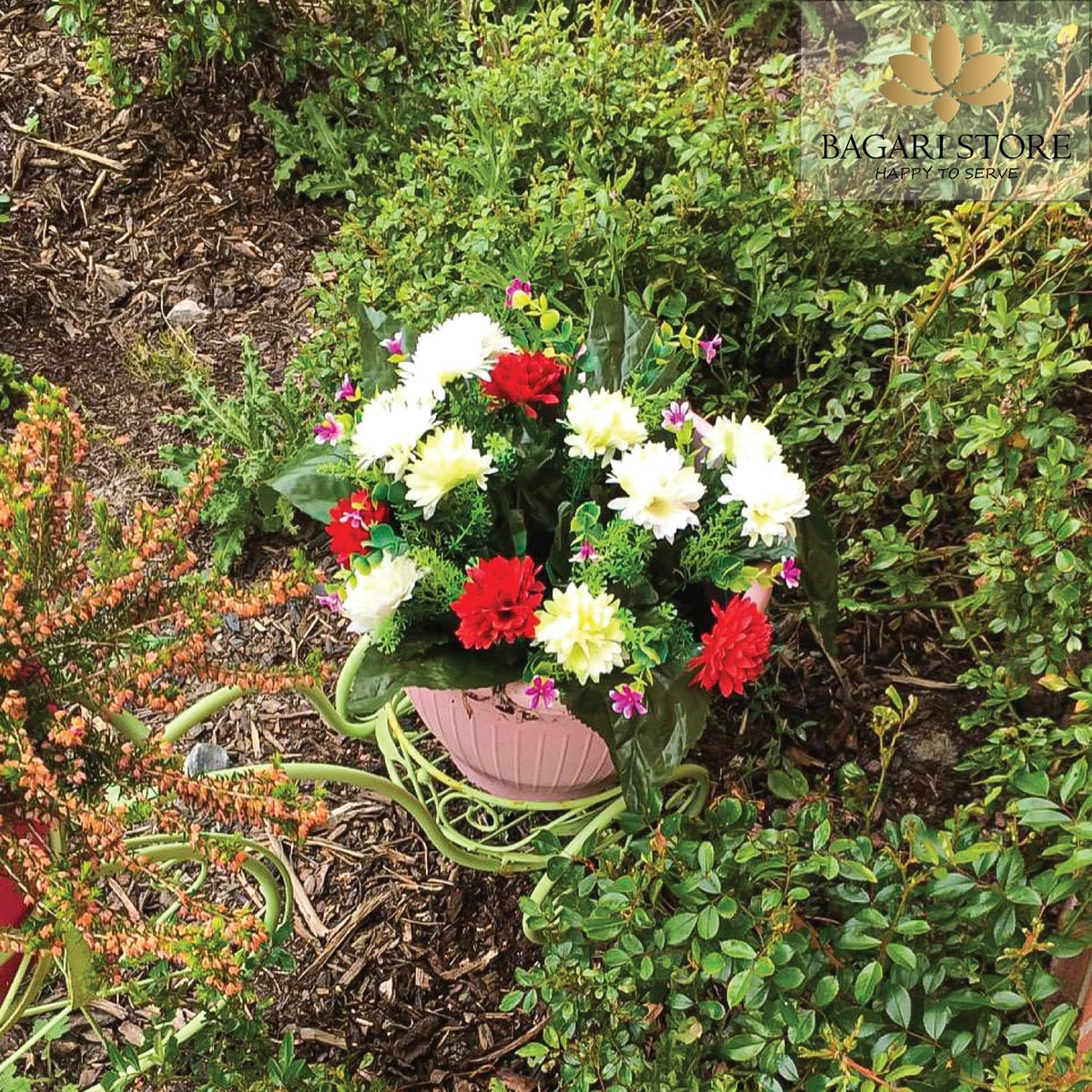 Bagari Artificial Flowers, Large Mixed Bush Grave Flowers, 16 inch Fake Flowers for Decoration, Ivory - Light Green - Red Artificial Flowers for Outdoor & Indoor Events Wedding Party Home Decoration