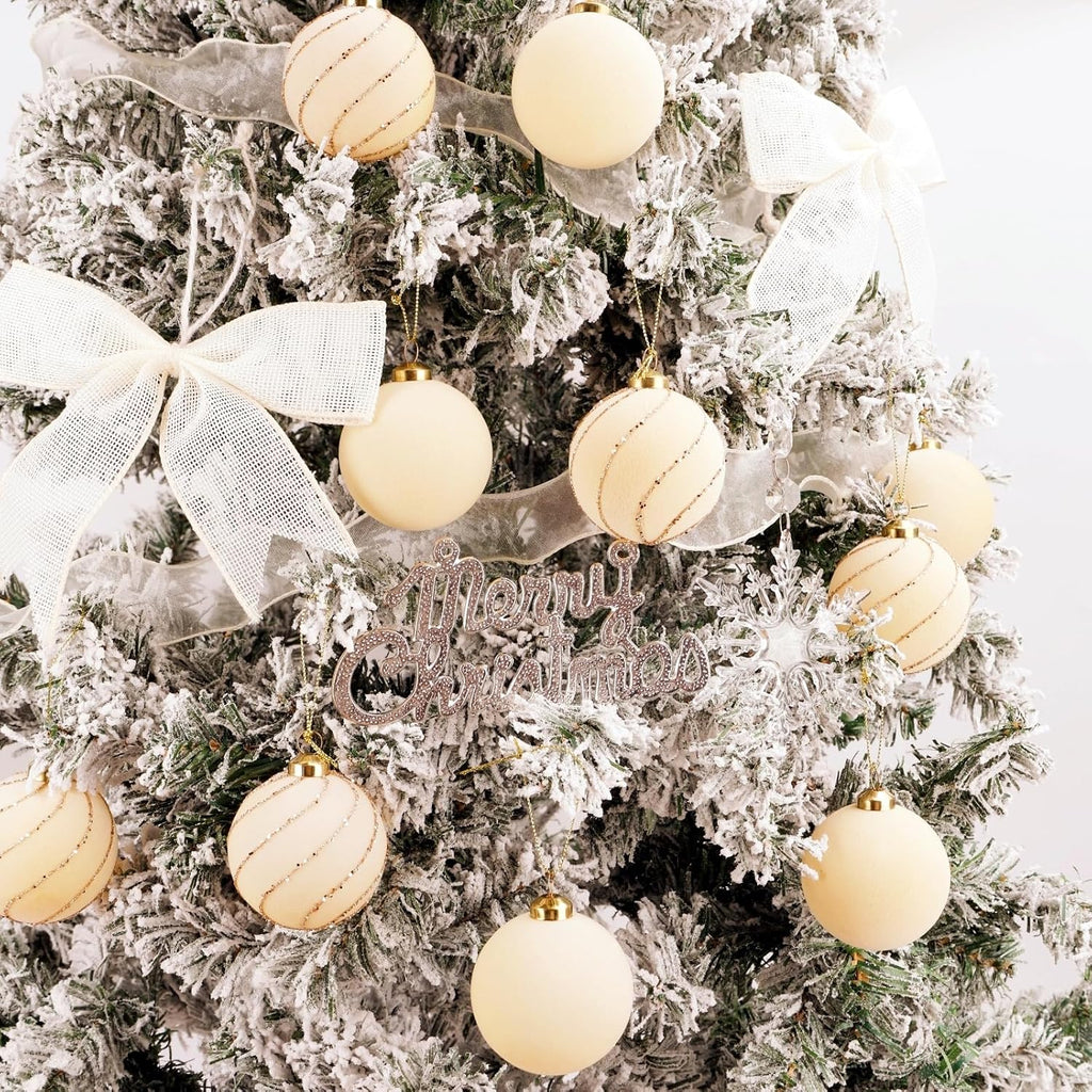 16 Pcs Beige Velvet Christmas Ball Ornaments, Flocked Tree Decorations