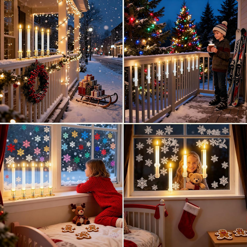 Christmas Window Candles, 6 Pcs Battery Operated Flameless Taper Candles with Remote, Timer, 3D Wick, Holders & Suction Cups for Christmas, Wedding, Halloween Decor
