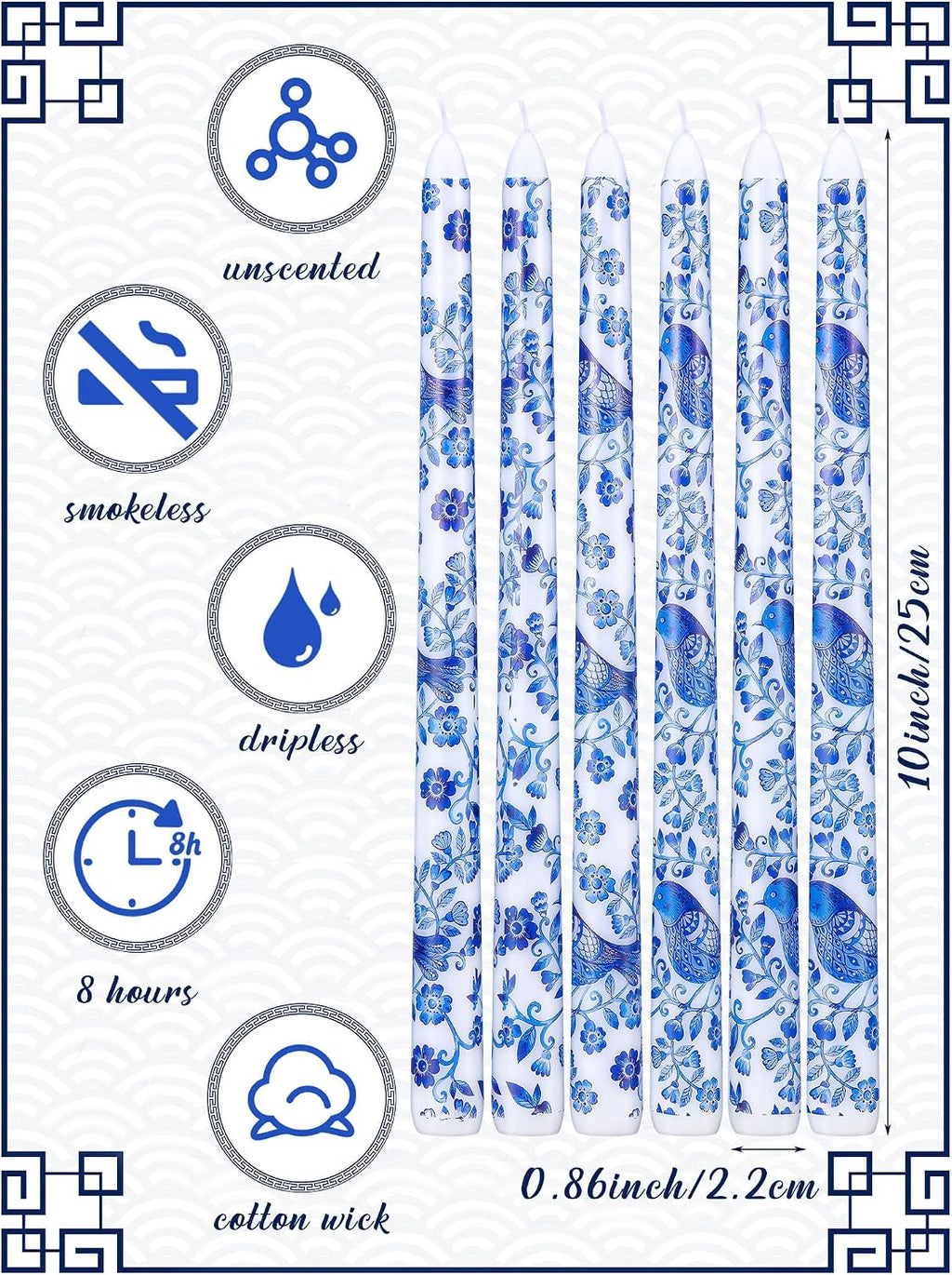 Conelist 12 Pcs 12 Inch Chinoiserie Taper Candles Blue and White Candle