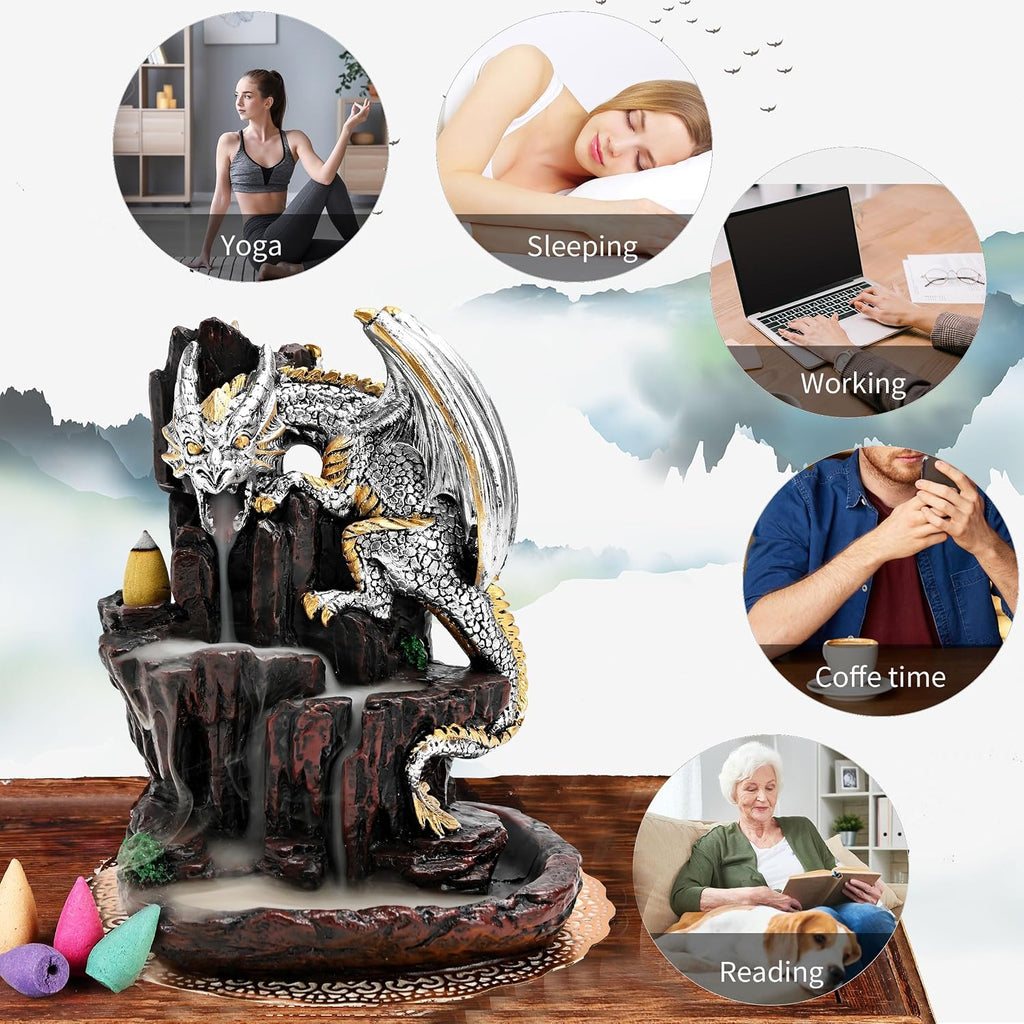 Dragon Backflow 2 Sided Mountain Waterfall Incense Burner,Fountain Smoke Incense Holder with Backflow Incense Cones, Tweezers, Mat，Resin Aromatherapy Meditationvaiuk (Silver)