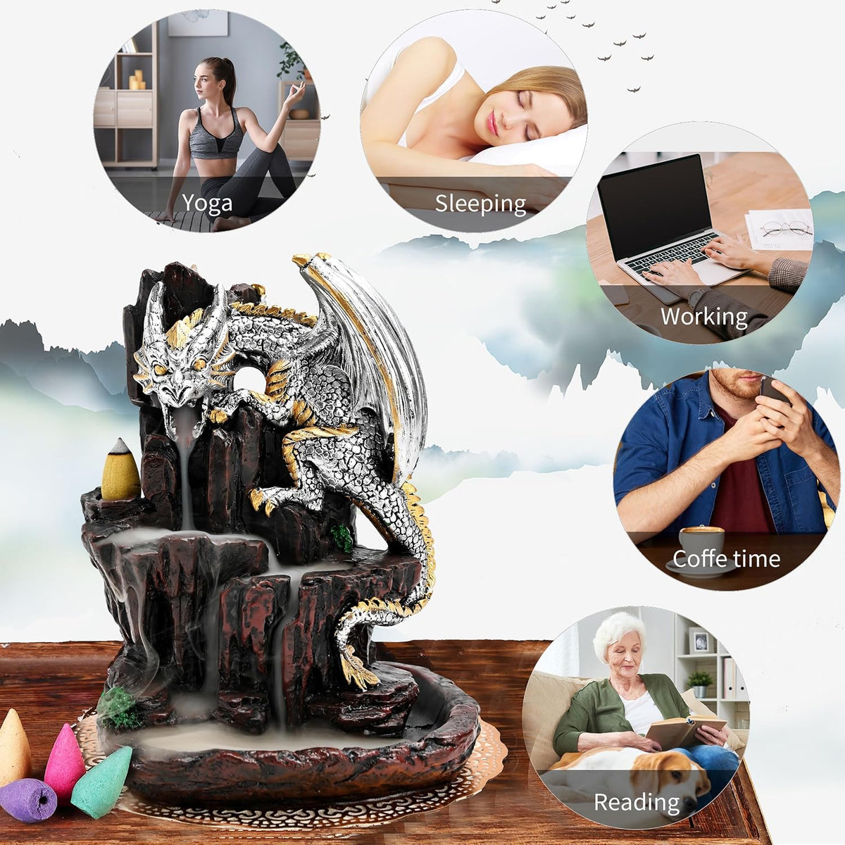 Dragon Backflow 2 Sided Mountain Waterfall Incense Burner,Fountain Smoke Incense Holder with Backflow Incense Cones, Tweezers, Mat，Resin Aromatherapy Meditationvaiuk (Silver)