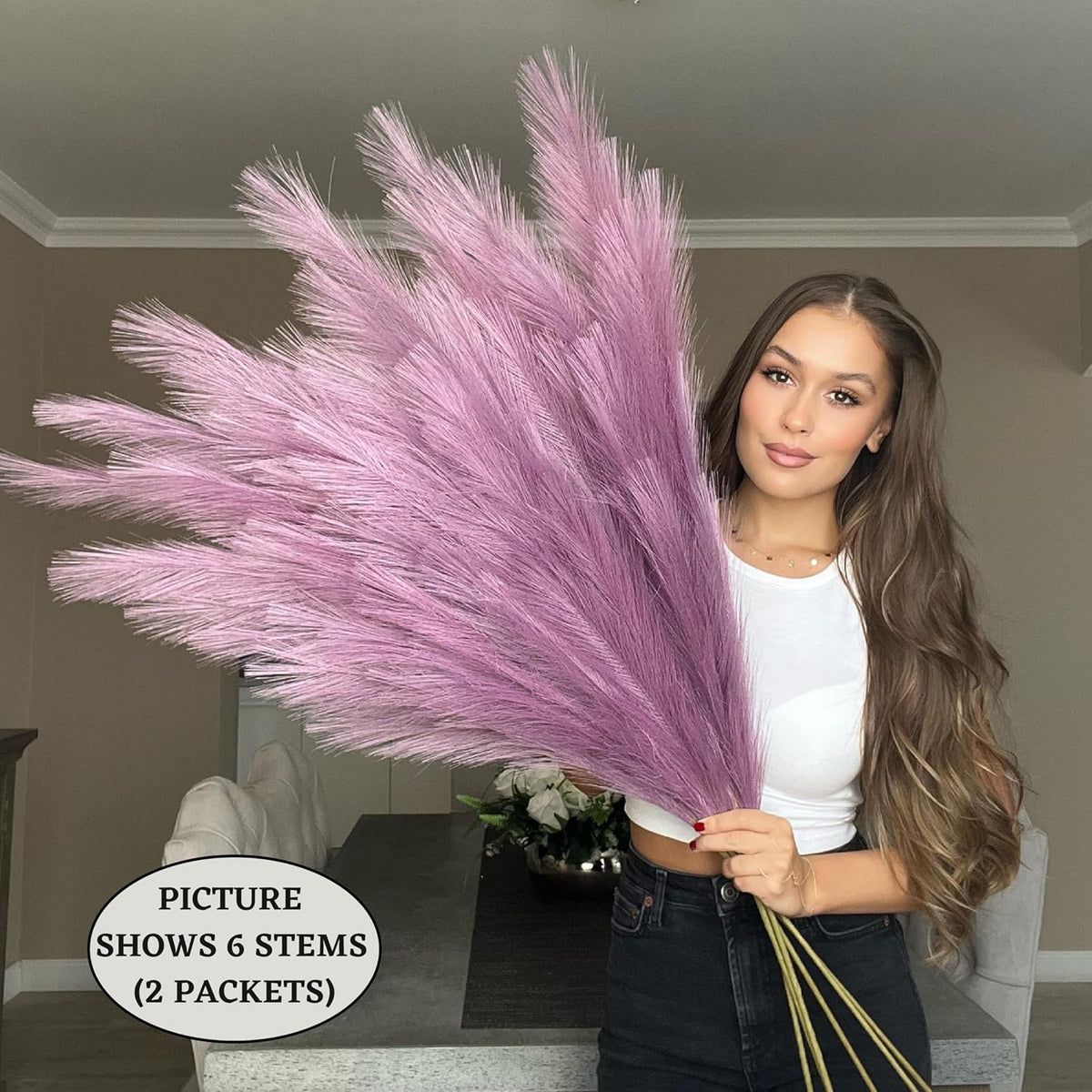 Lilac Purple Fake Artificial Faux Pampas Grass Large Bundle 3 Tall 115cm 45" Extra Fluffy Stems 18 Decorative Branches Artificial Floor Plant Vase Fillers Boho Chic White Home Living Room Decor