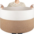 OIASKET XXL Large Blanket Storage Basket for Living Room, 105L Woven Cotton Rope Basket with Handles, Baby Toy Storage, Laundry Hamper for Clothes, Pillows, Towels-Yellow and White