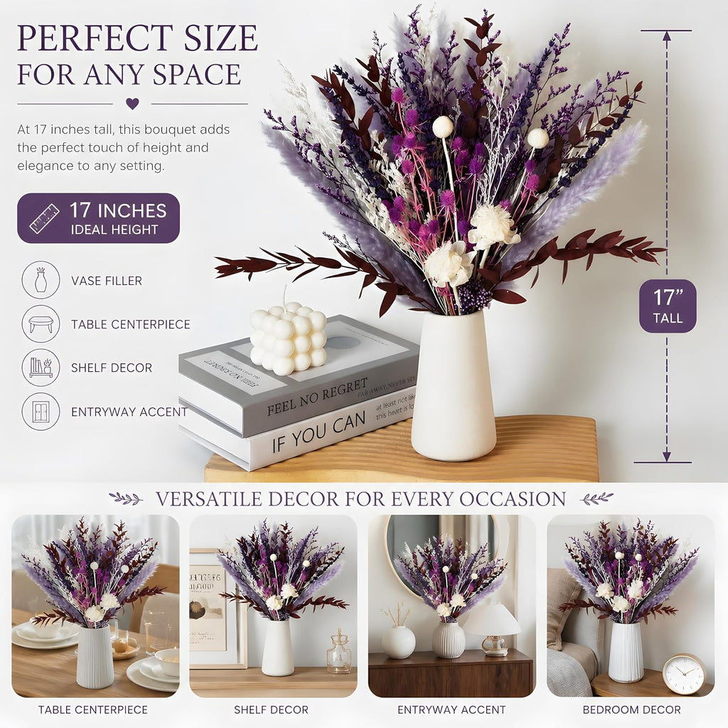 Purple Boho Dried Flower Bouquet 17" Handmade Pampas Decor