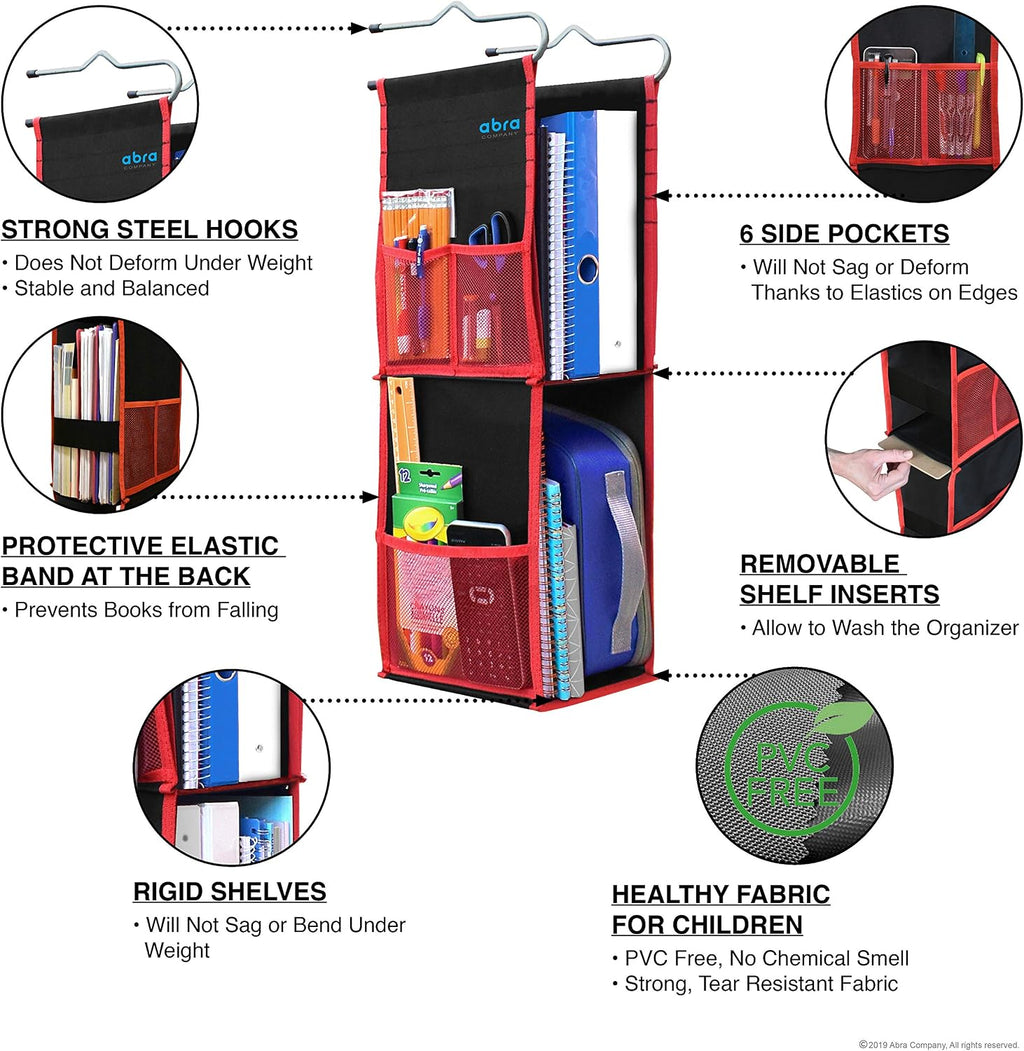 ABRA® 2 Shelf Hanging Locker Organizer for School, Work, Gym, Storage | Deep Shelves 6.5”x 9”| Eco-Friendly Fabric Healthy for Children (Black/Red)