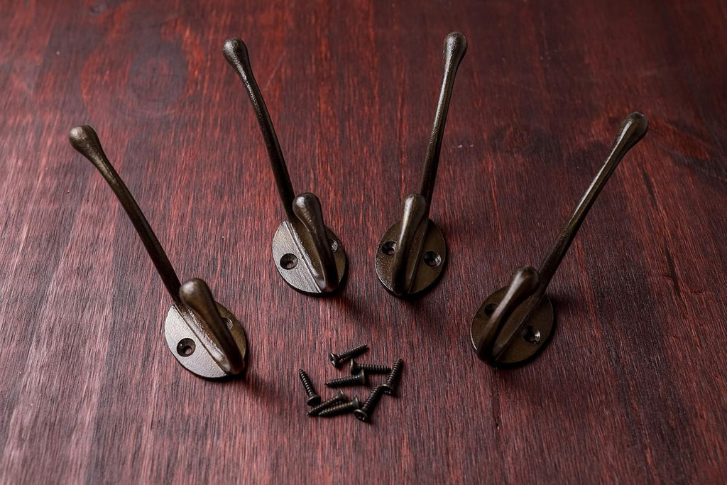 CRAFTSMAN ROAD Vintage Cast Iron Wall Hooks (Antique Brass Finish, Set of 4) - Rustic, Farmhouse Coat Hooks | Coats, Bags, Towels, Hats | Classic Slender