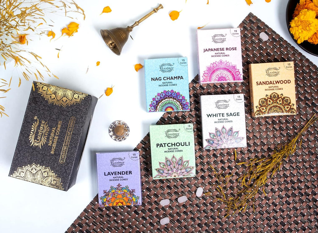 Raajsee Natural Incense Cones,6 Pack Mixed Scents Gift Pack 15 pc Each (90 Total), Insense Cones Variety Pack, 100% Organic Non Toxic Natural - Hand Rolled Free from Chemicals (Pack 1)